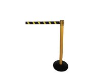 Metal base retractable belt barrier, black/yellow belt