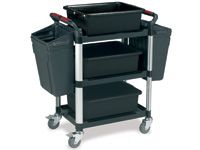 Plastic 3-shelf trolley c/w trays & side bins