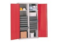 Steel tool cupboard with 2 shelves, 14 drawers